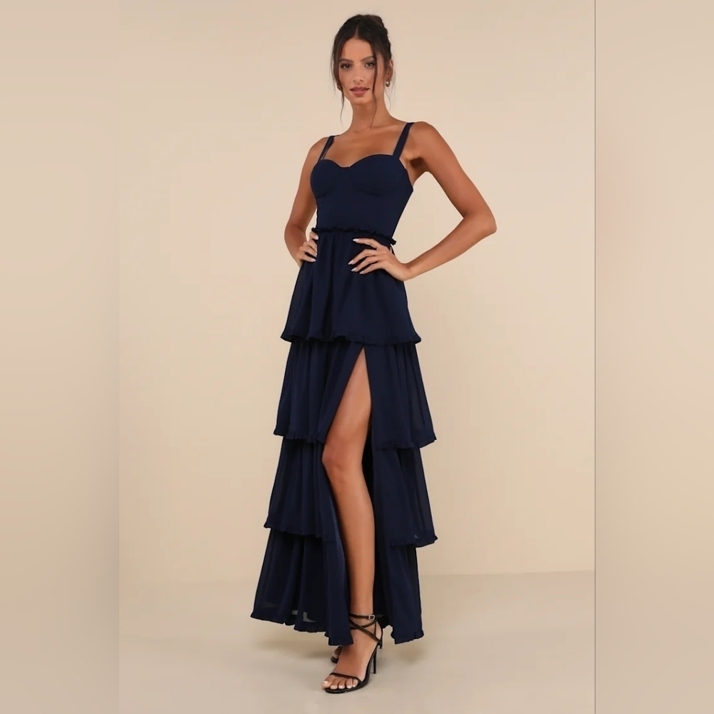 Lulus Sophisticated Occasion Navy Blue Bustier Lace-Up Maxi Dress Wedding - Picture 3 of 10